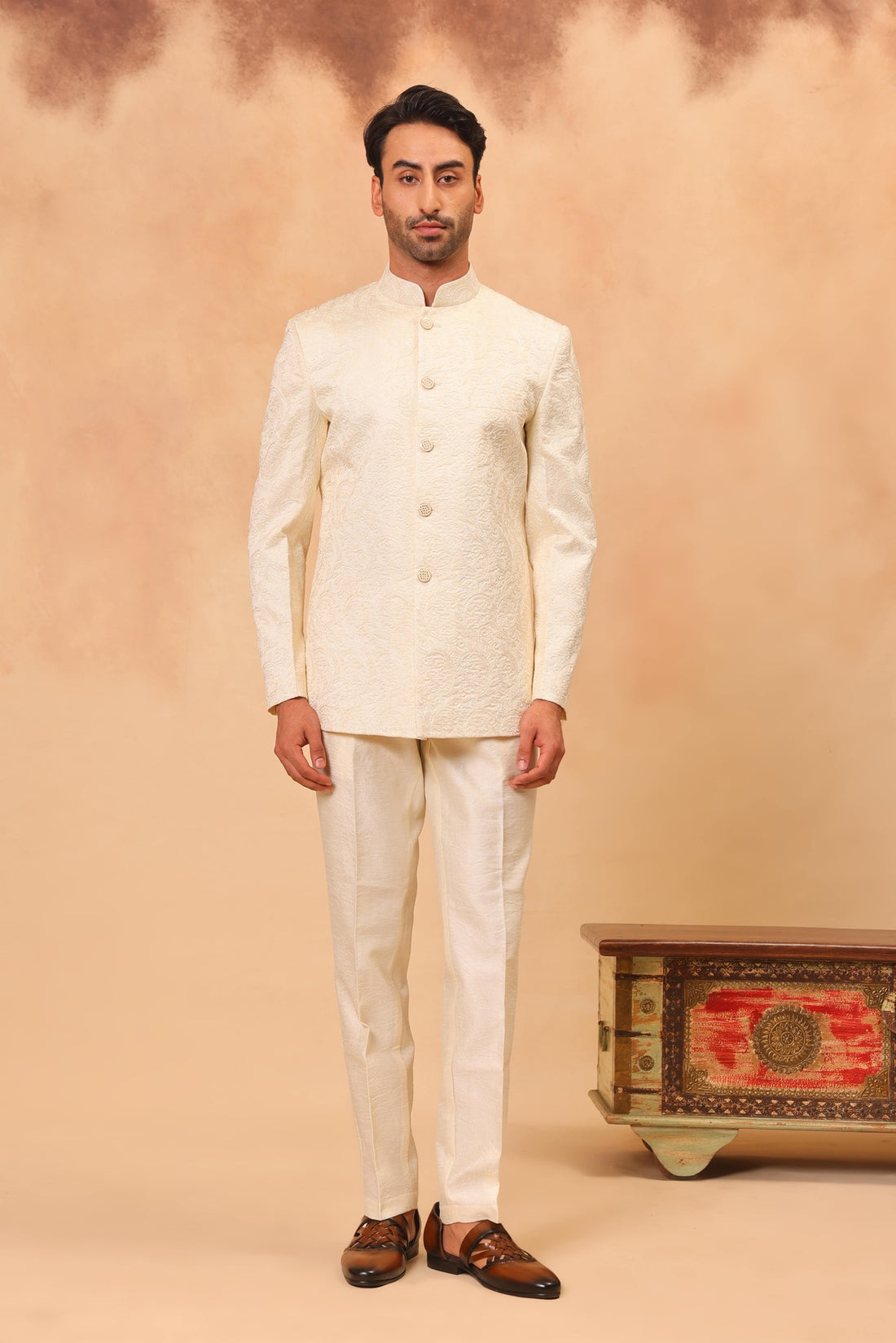 Cream Front Open Embroidered Safari Set with Nehru Jacket
