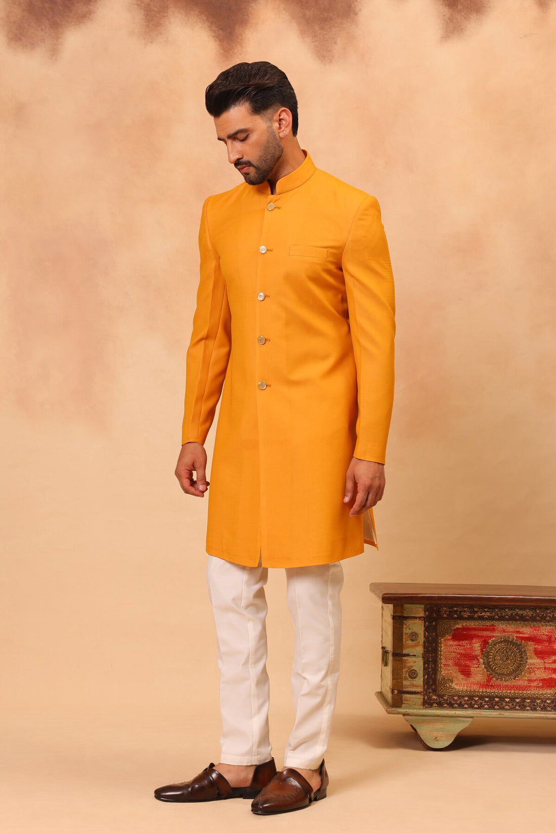 Haldi Printed and Embroidered Front Open Long Jacket Set