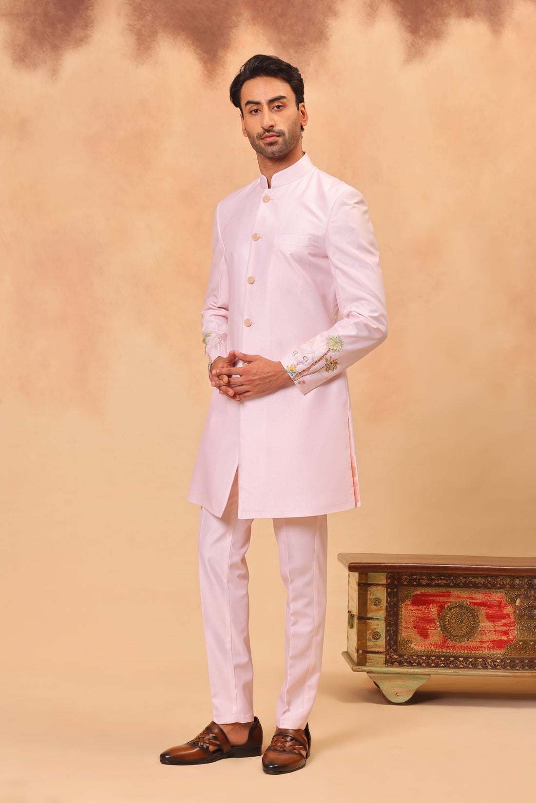 Peach Hand Embroidered Nehru Jacket Set