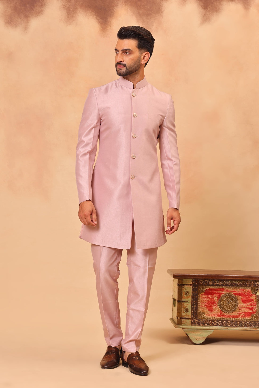 Onion Pink Zari Embroidered Nehru Jacket Set