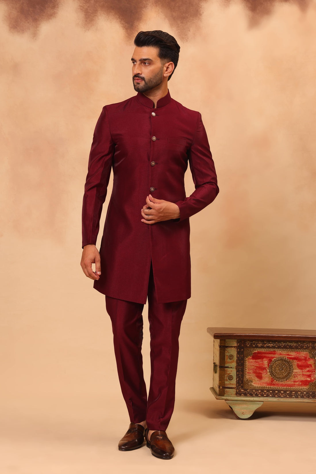 Mehroon Embroidered Nehru Jacket Set