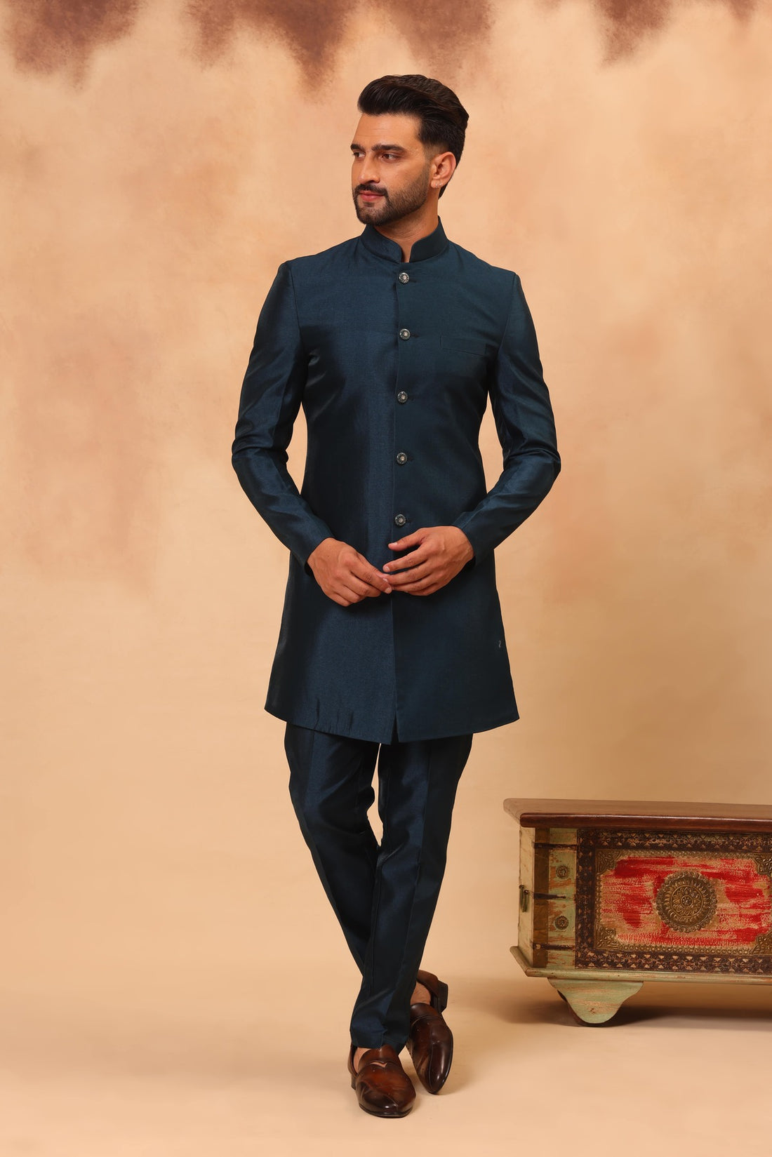 Teal Blue Embroidered Nehru Jacket Set