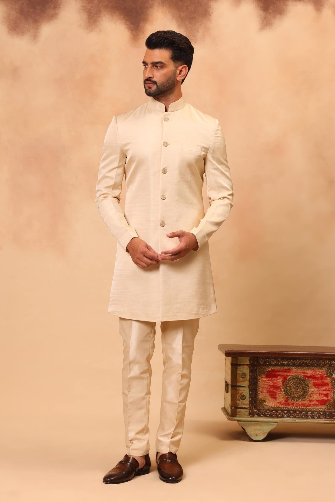 Fawn Embroidered Nehru Jacket Set