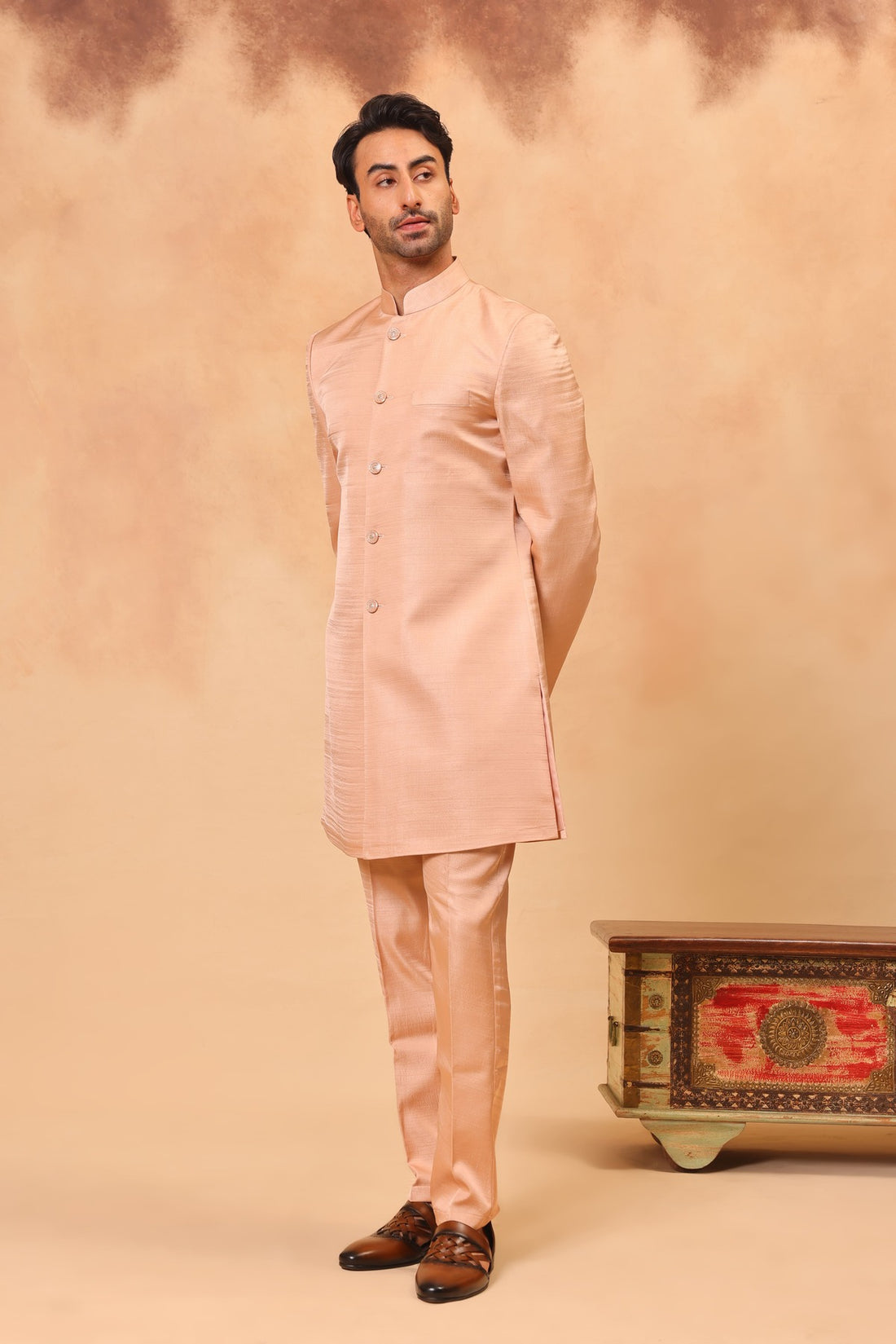 Peach Embroidered Nehru Jacket Set