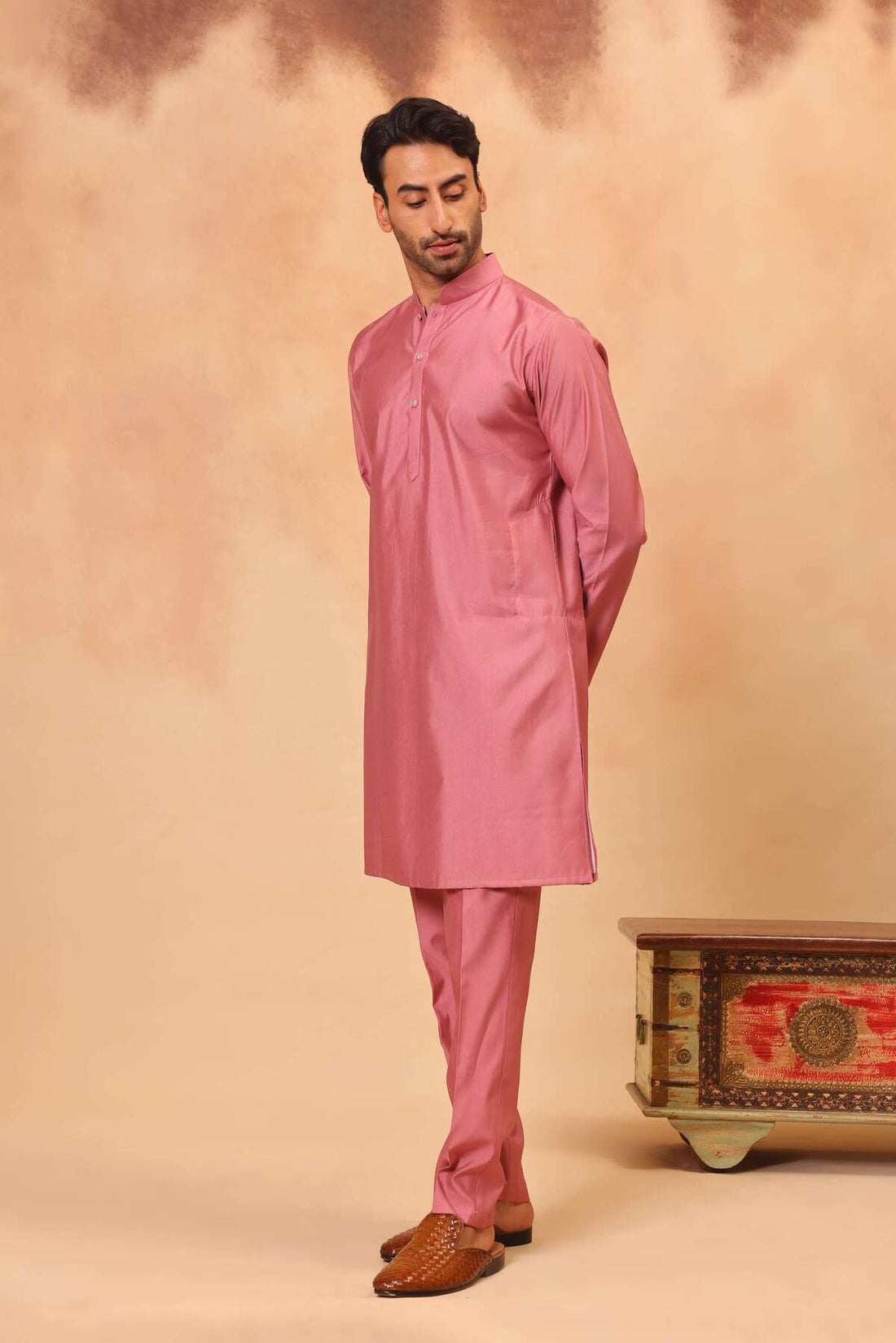 Dark Pink Embroidered Koti Kurta Set for Men