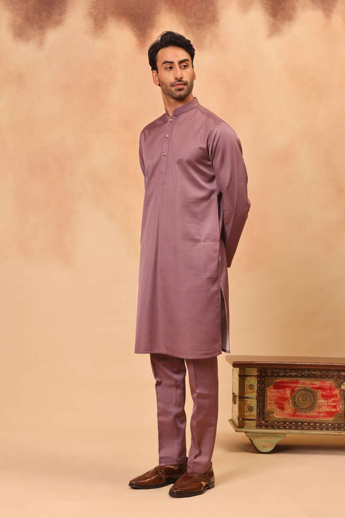 Onion Pink Embroidered Koti Kurta Set for Men