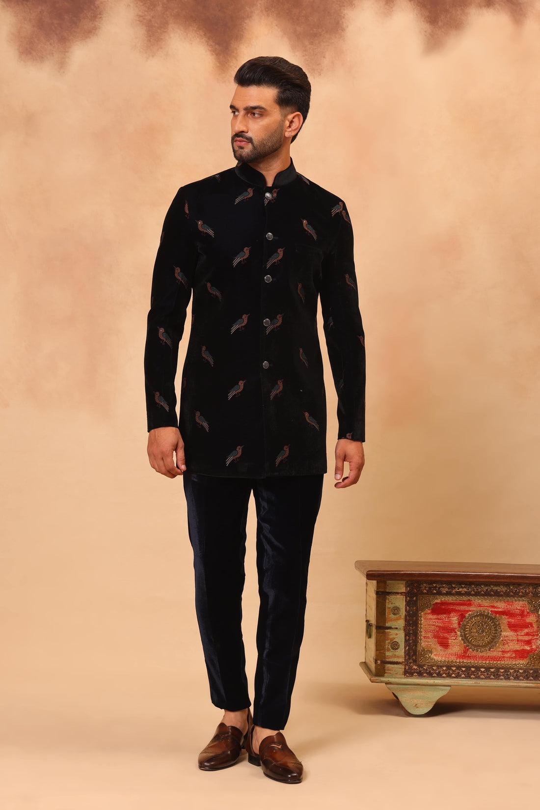 Navy Blue Embroidered Front Open Short Jacket Set