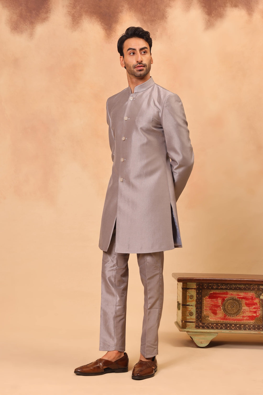 Grey Zari Embroidered Nehru Jacket Set