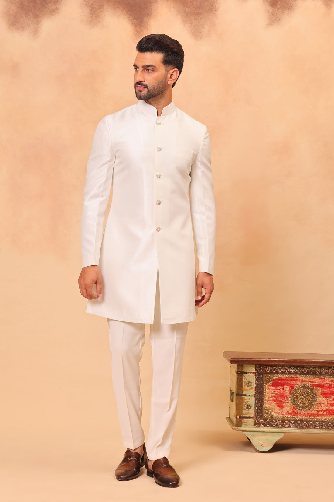 Cream Cutdana Work Embroidered Nehru Jacket Set