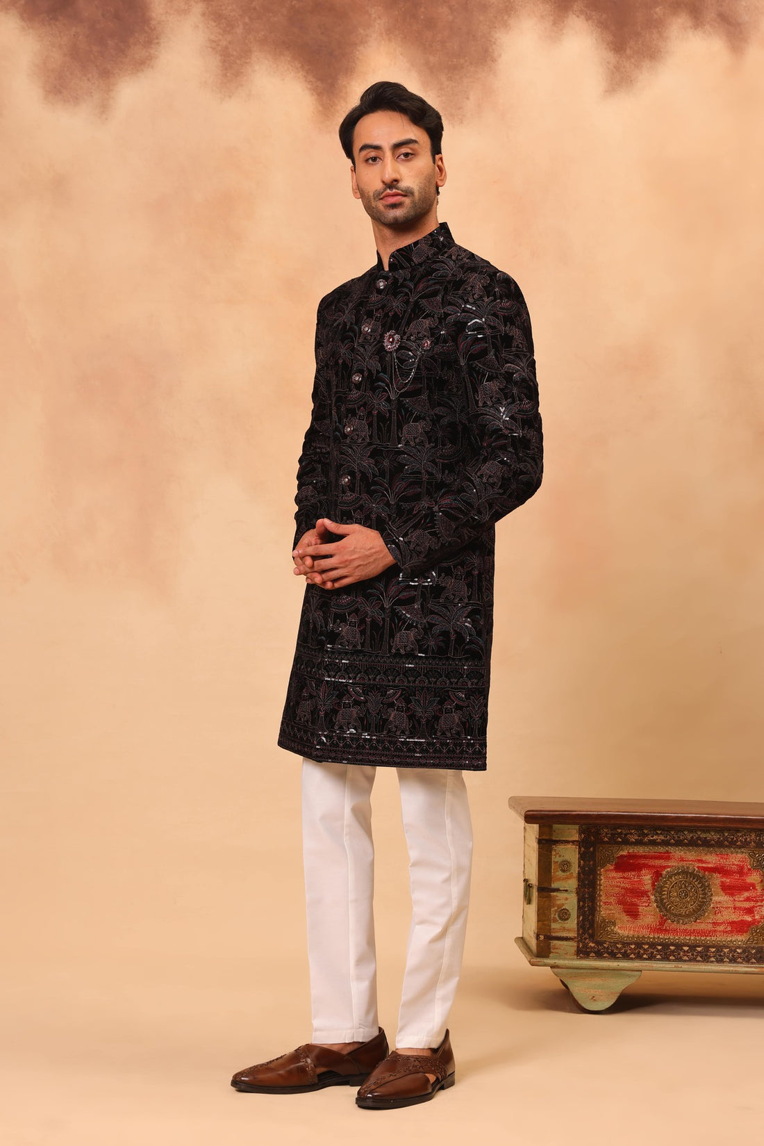 Grey Velvet Embroidered Sherwani Set with Dupatta
