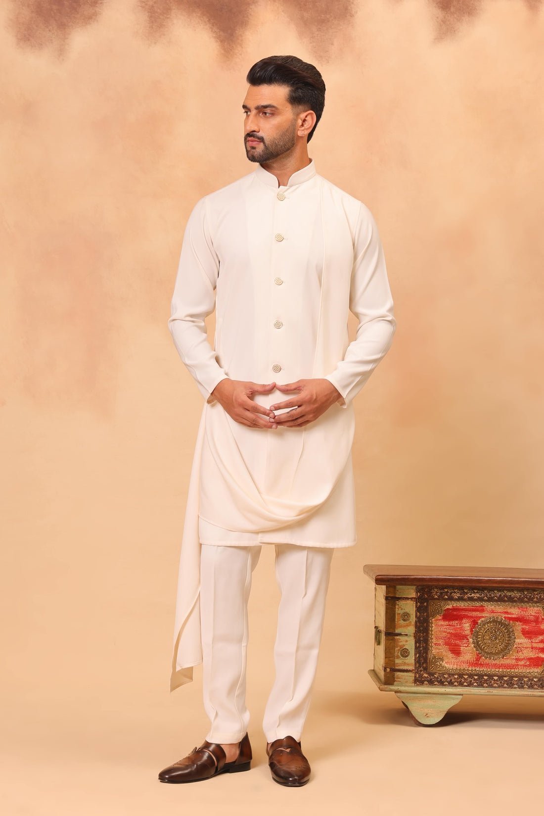 Cream Hand Painted/ Embroidered Nehru Jacket Set