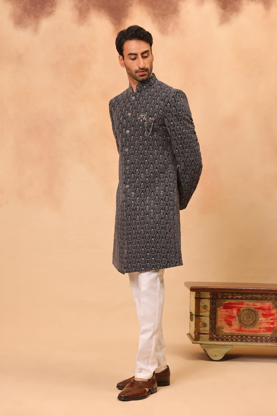 Grey Velvet Embroidered Sherwani Set with Dupatta