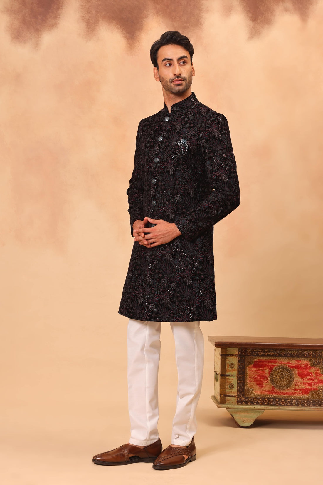 Rama Green Velvet Embroidered Sherwani Set with Dupatta