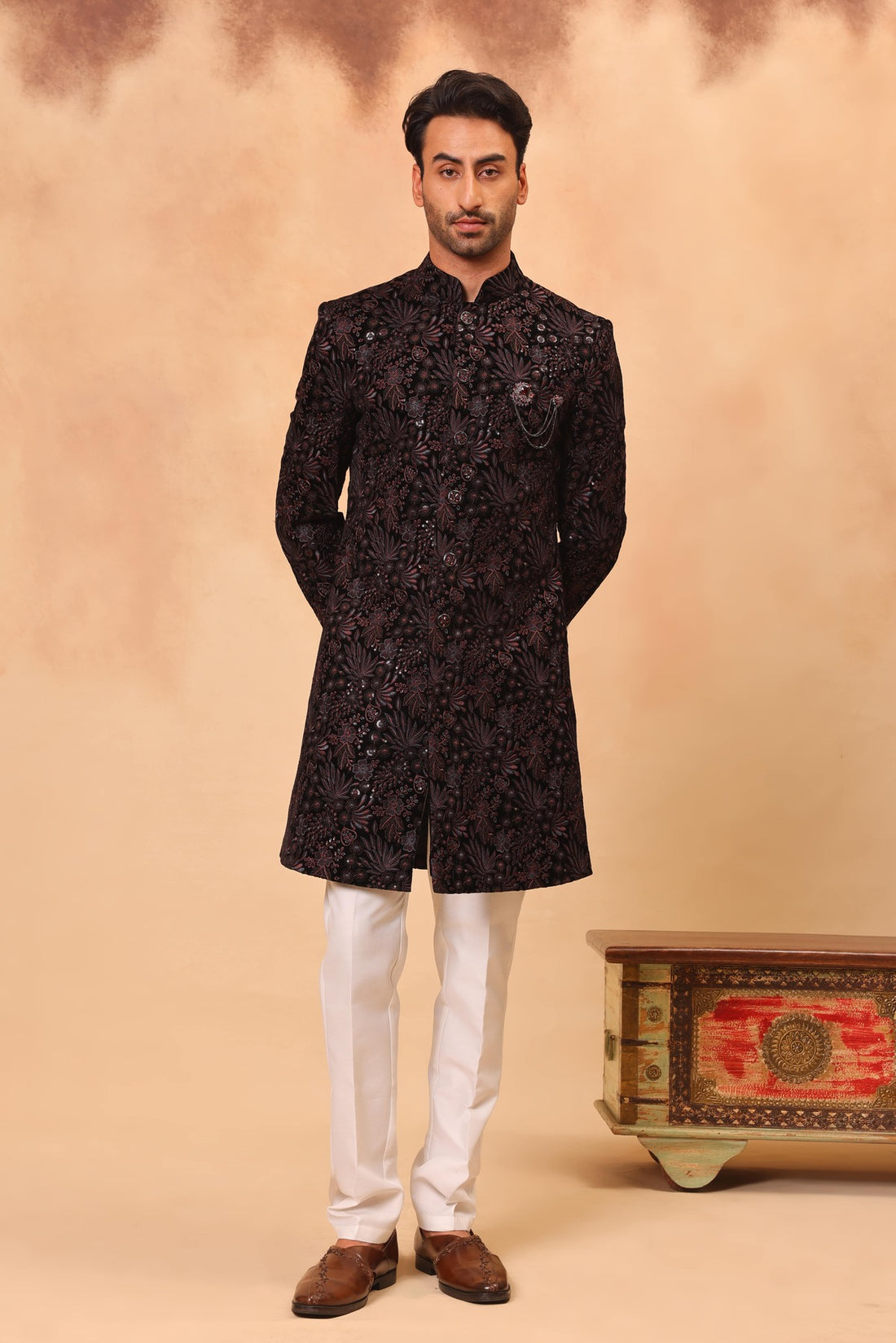 Wine Velvet Embroidered Sherwani Set with Dupatta