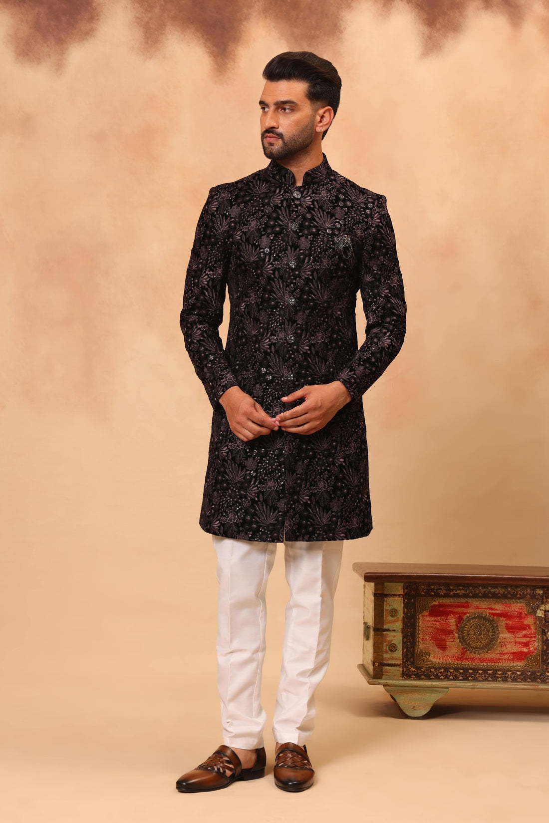 Black Velvet Embroidered Sherwani Set with Dupatta