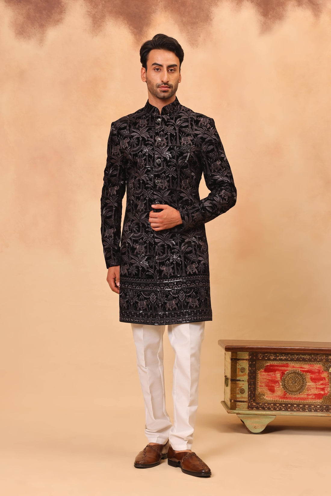 Wine Velvet Embroidered Sherwani Set with Dupatta