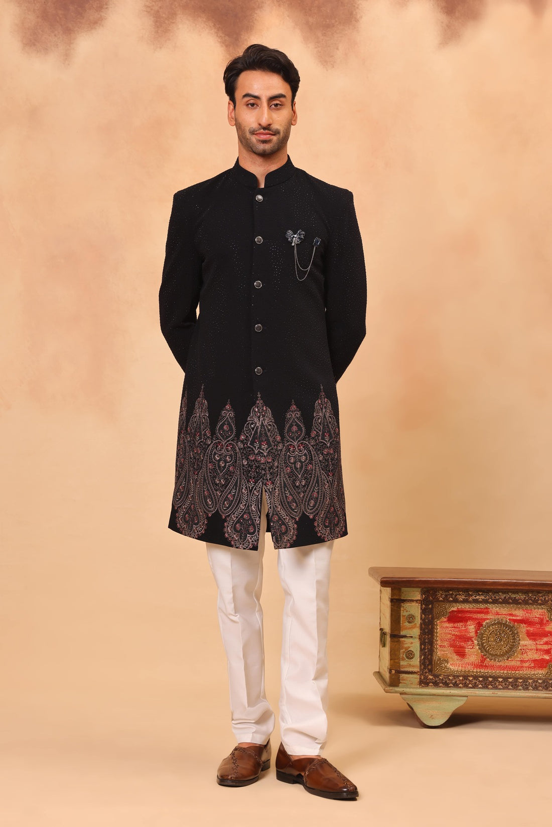 Navy Blue Sherwani Set with Dupatta
