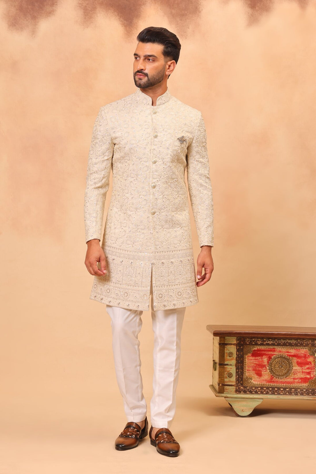 Cream Embroidered Sherwani Set with Dupatta