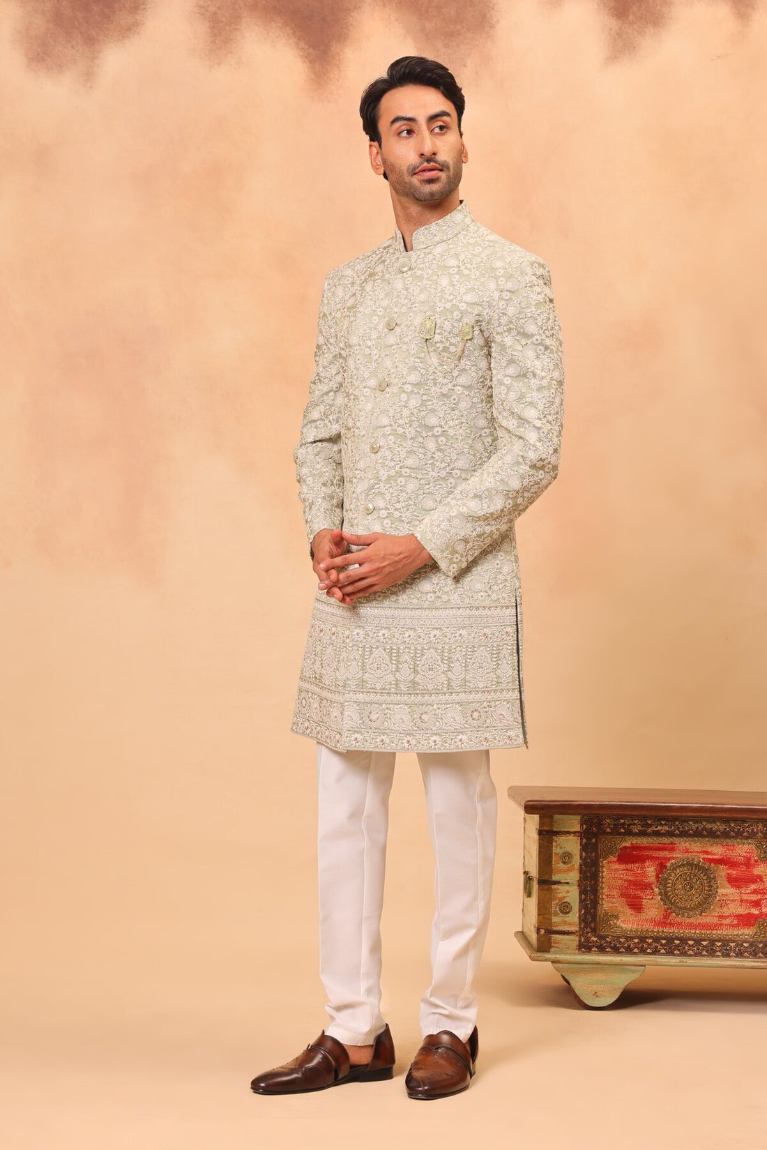 Pista Green Embroidered Sherwani Set with Dupatta