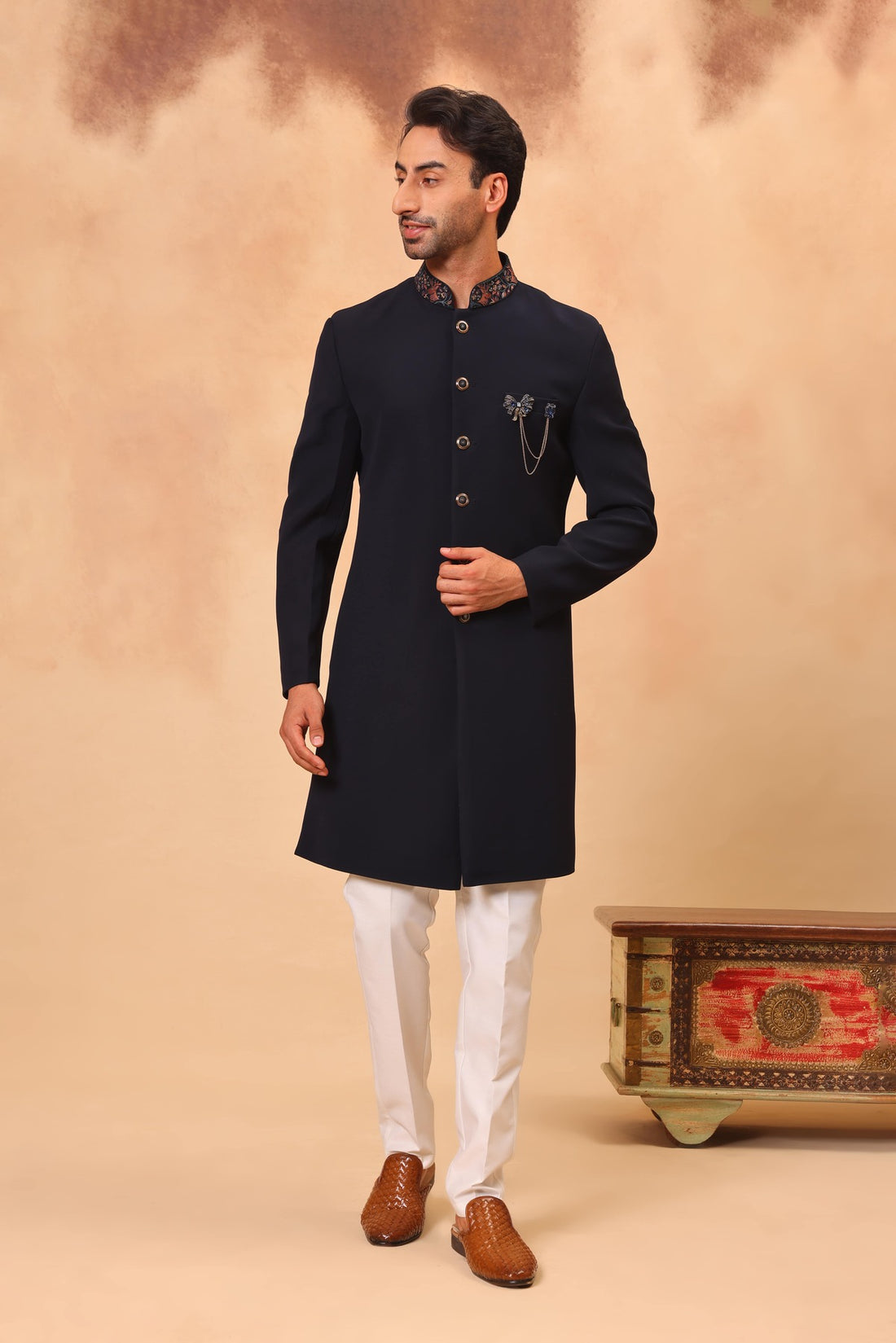 Navy Blue Sherwani Set with Dupatta