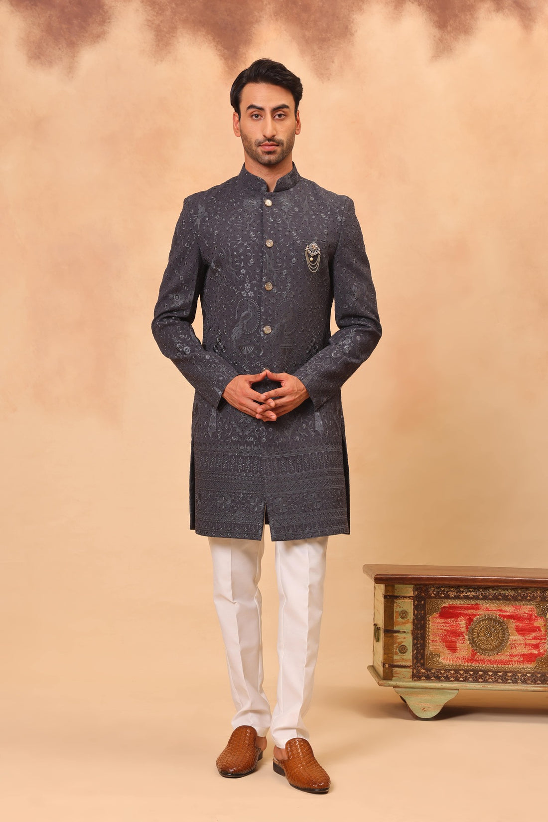 Grey Faux Georgette Embroidered Sherwani Set with Dupatta