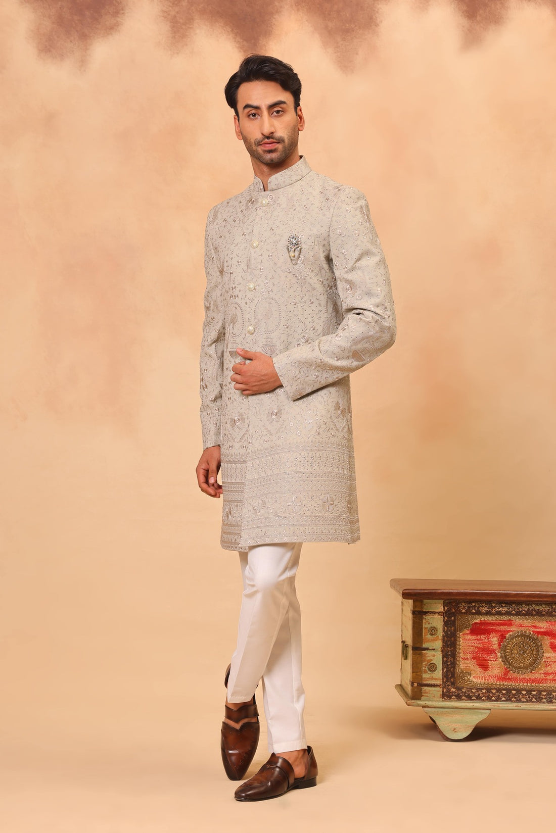 Pista Faux Georgette Embroidered Sherwani Set with Dupatta