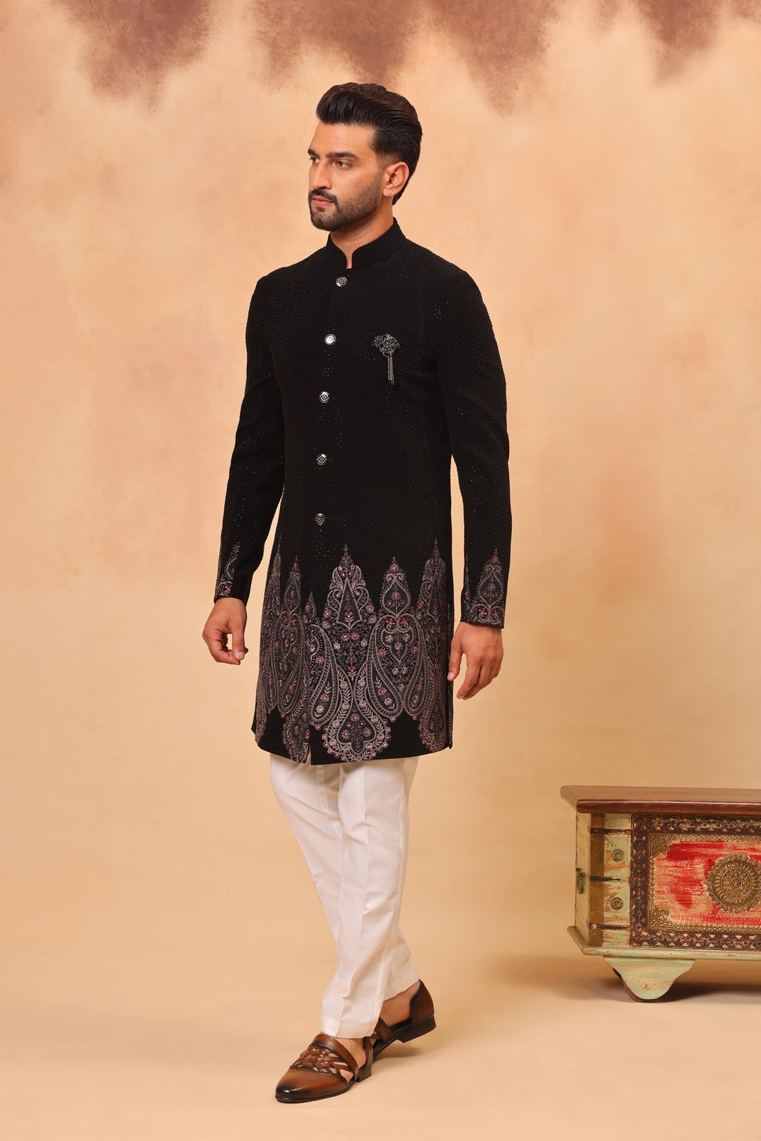 Black Sherwani Set with Dupatta