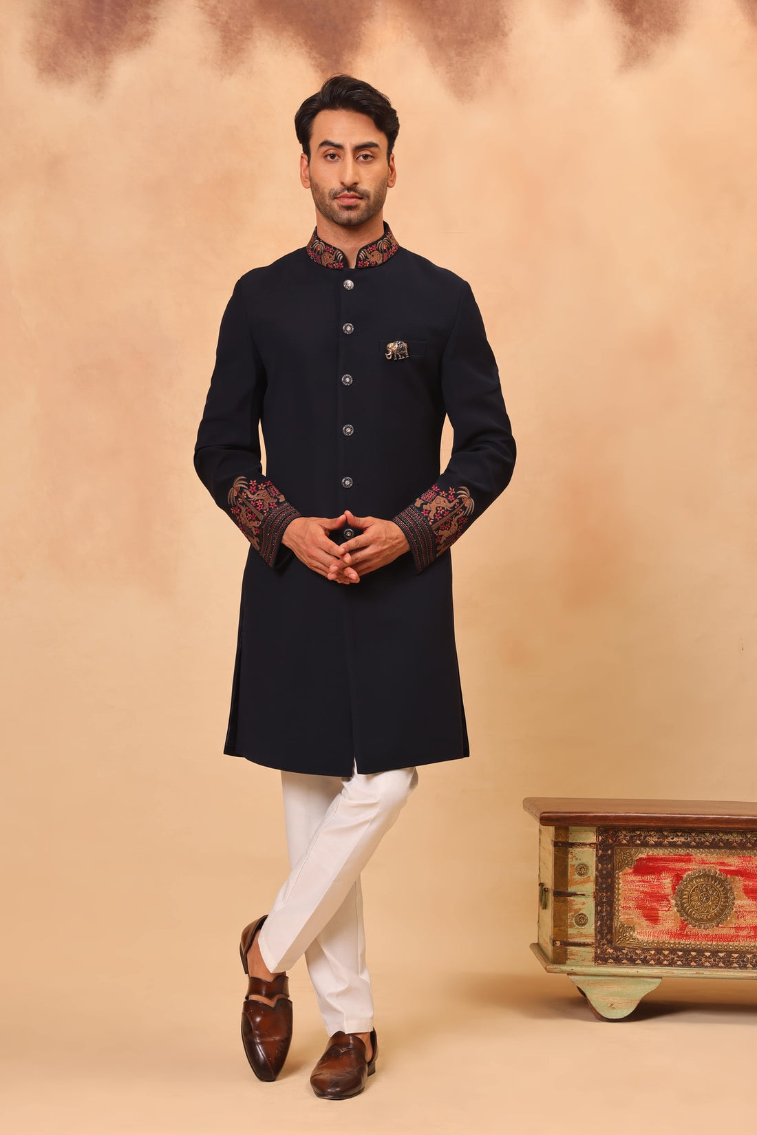 Navy Blue Sherwani Set with Dupatta