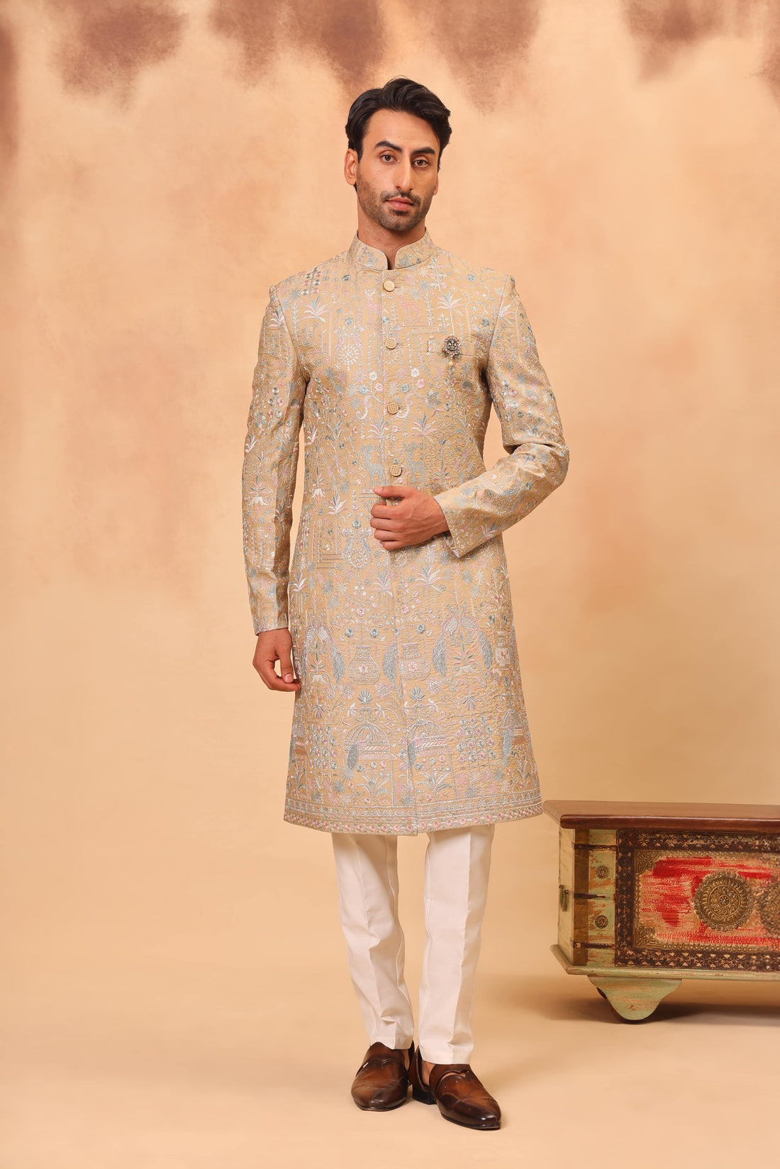 Khaki Embroidered Sherwani Set with Dupatta