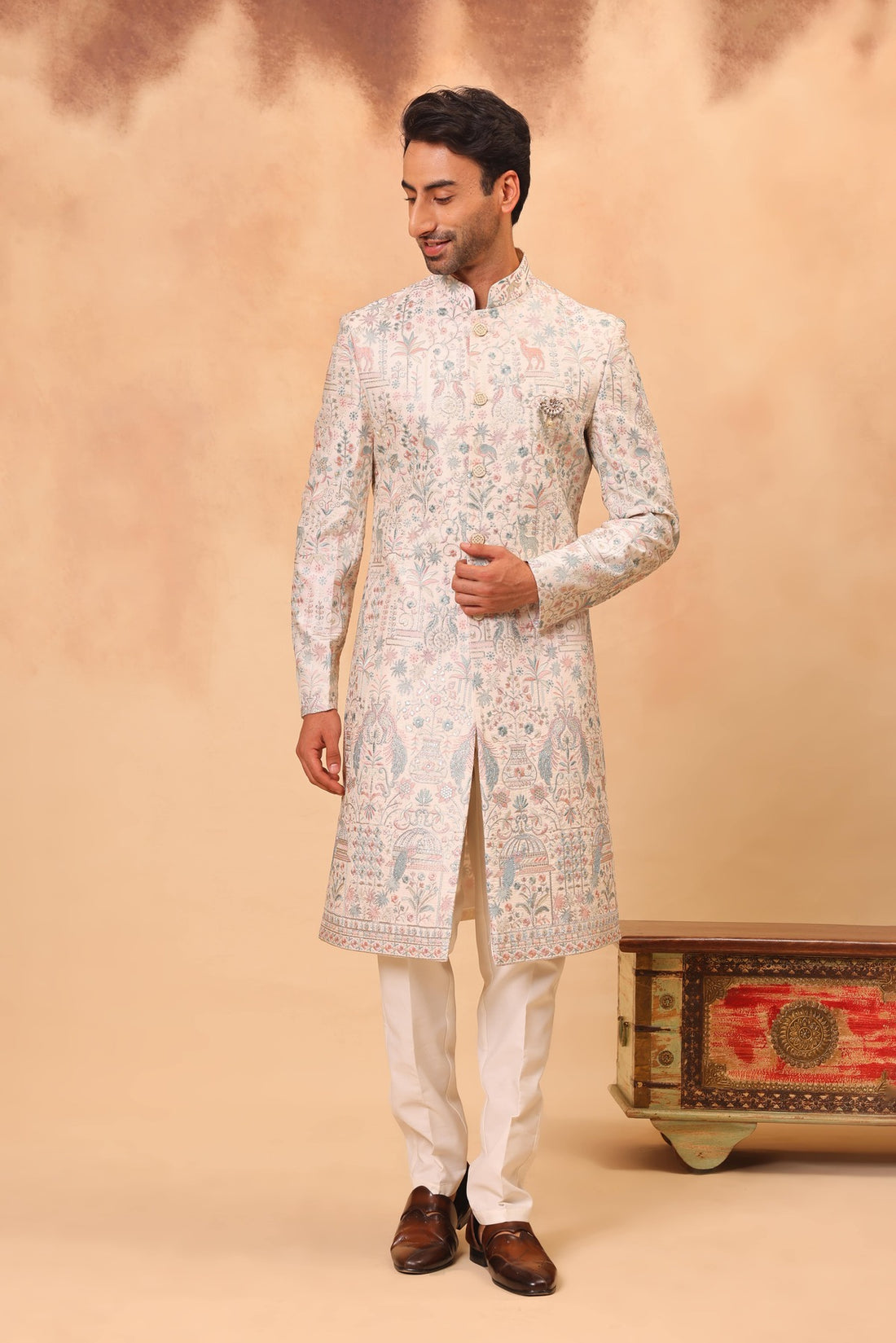 Cream Embroidered Sherwani Set with Dupatta