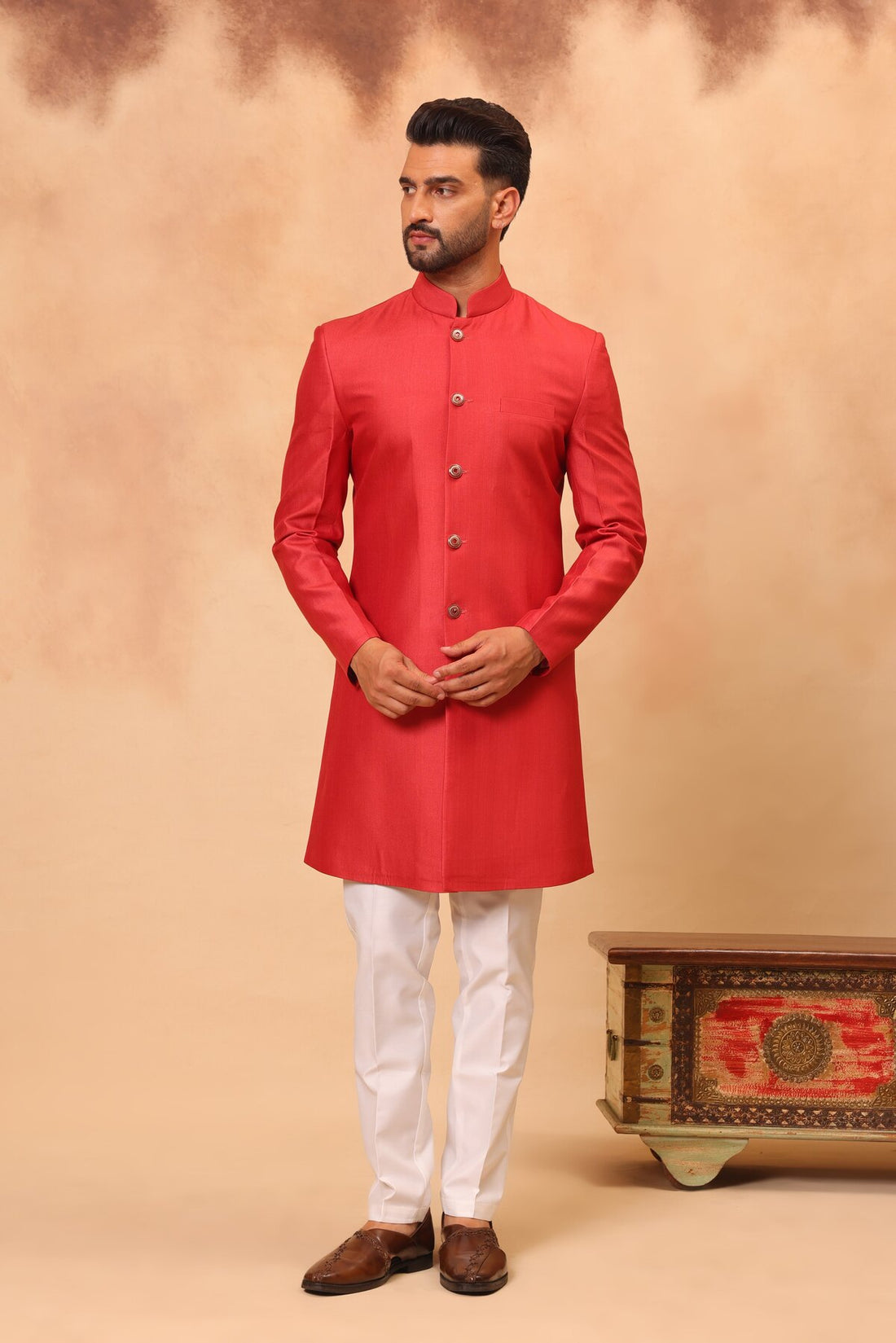 Red Printed and Embroidered Front Open Long Jacket Set