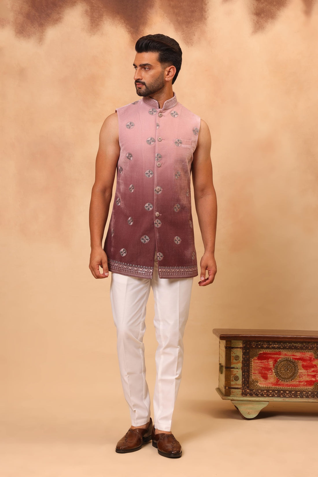 Ombre Rustish Pink Embroidered Front Open Sherwani Jacket Set