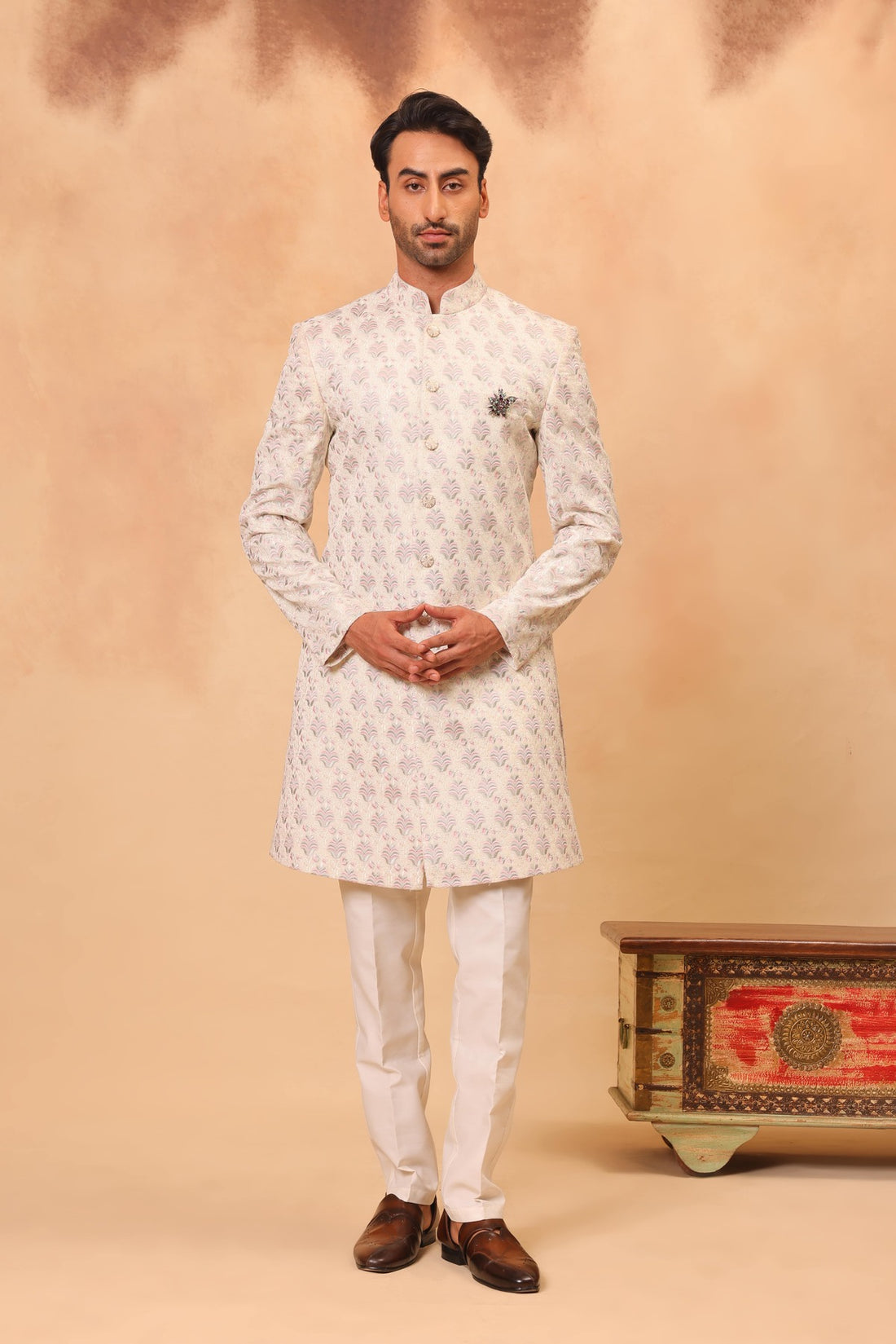 Cream Velvet Embroidered Sherwani Set with Dupatta