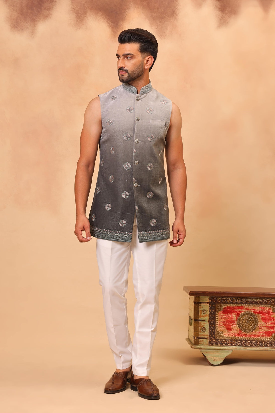 Ombre Greyish Green Embroidered Front Open Sherwani Jacket Set