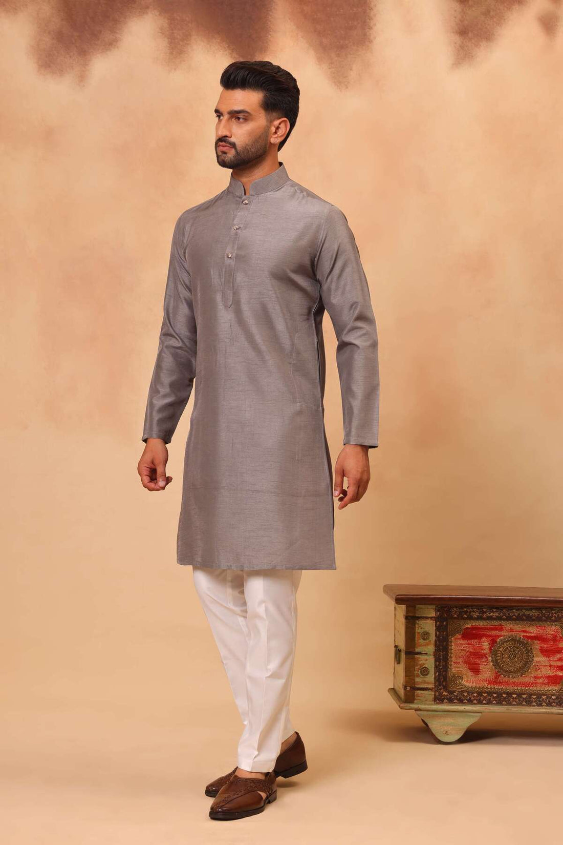 Grey Linen Silk Embroidered Koti Kurta Set for Men