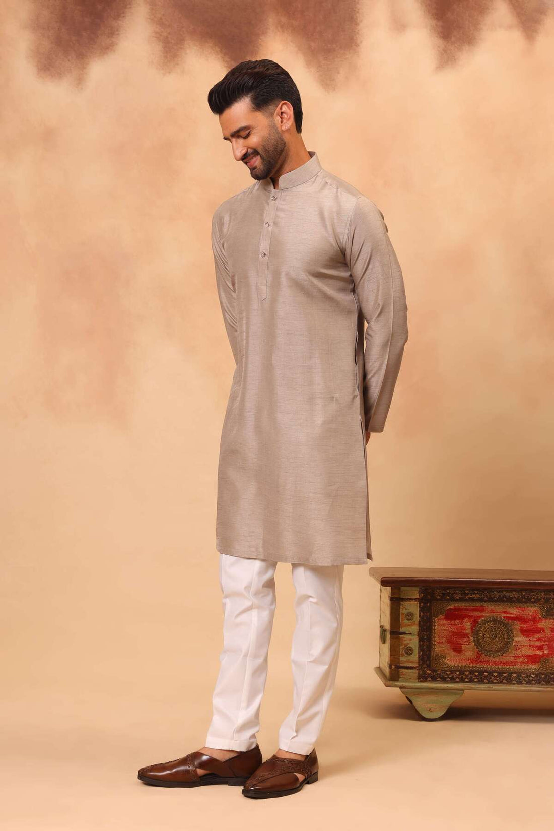 Khaki Mouse Linen Silk Embroidered Koti Kurta Set for Men