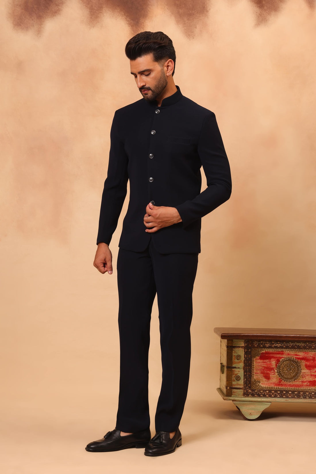 Navy Blue Embroidered Safari Set with Nehru Jacket
