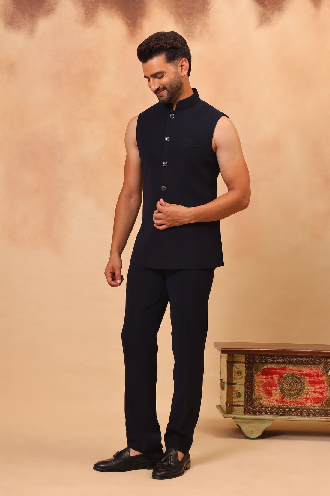 Navy Blue Front Open Embroidered Bandhgala with Nehru Jacket Set