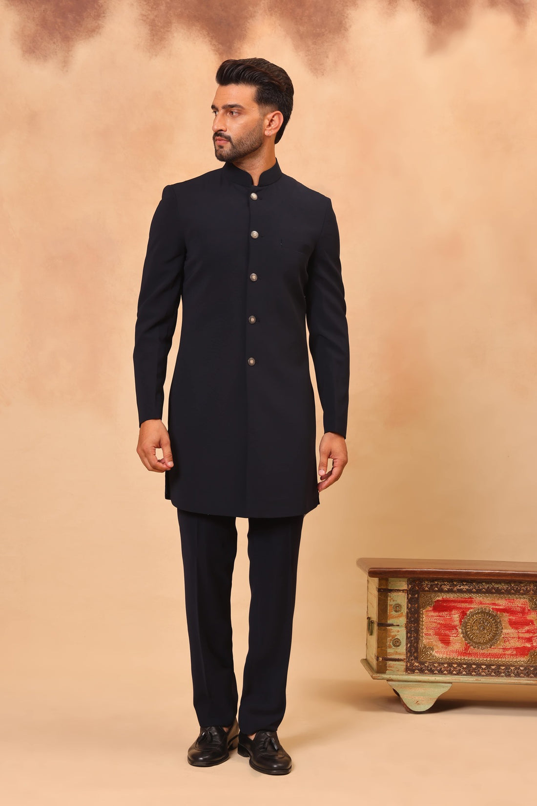 Navy Blue Embroidered Front Open Long Jacket Set