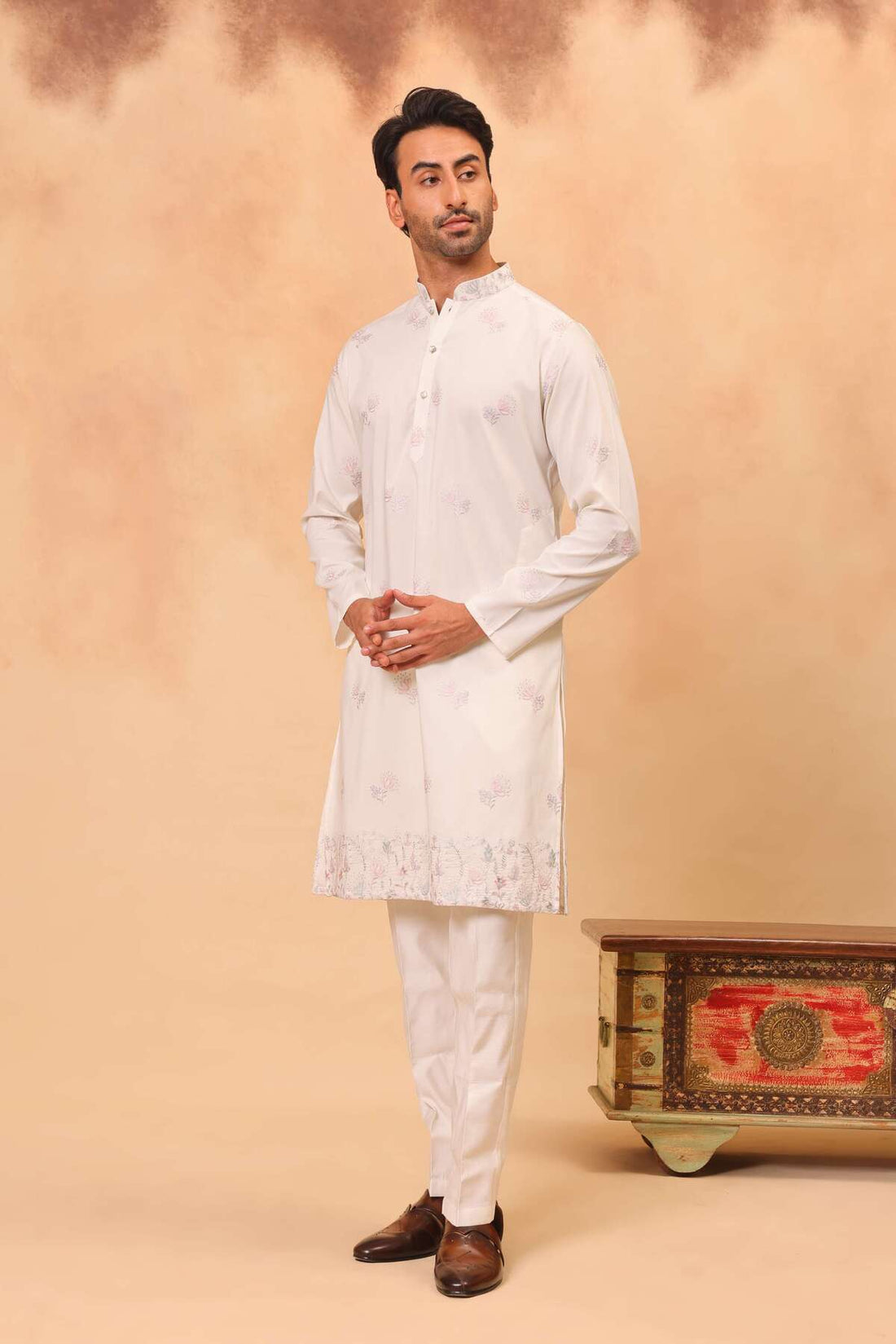 Cream Embroidered Koti Kurta Set for Men