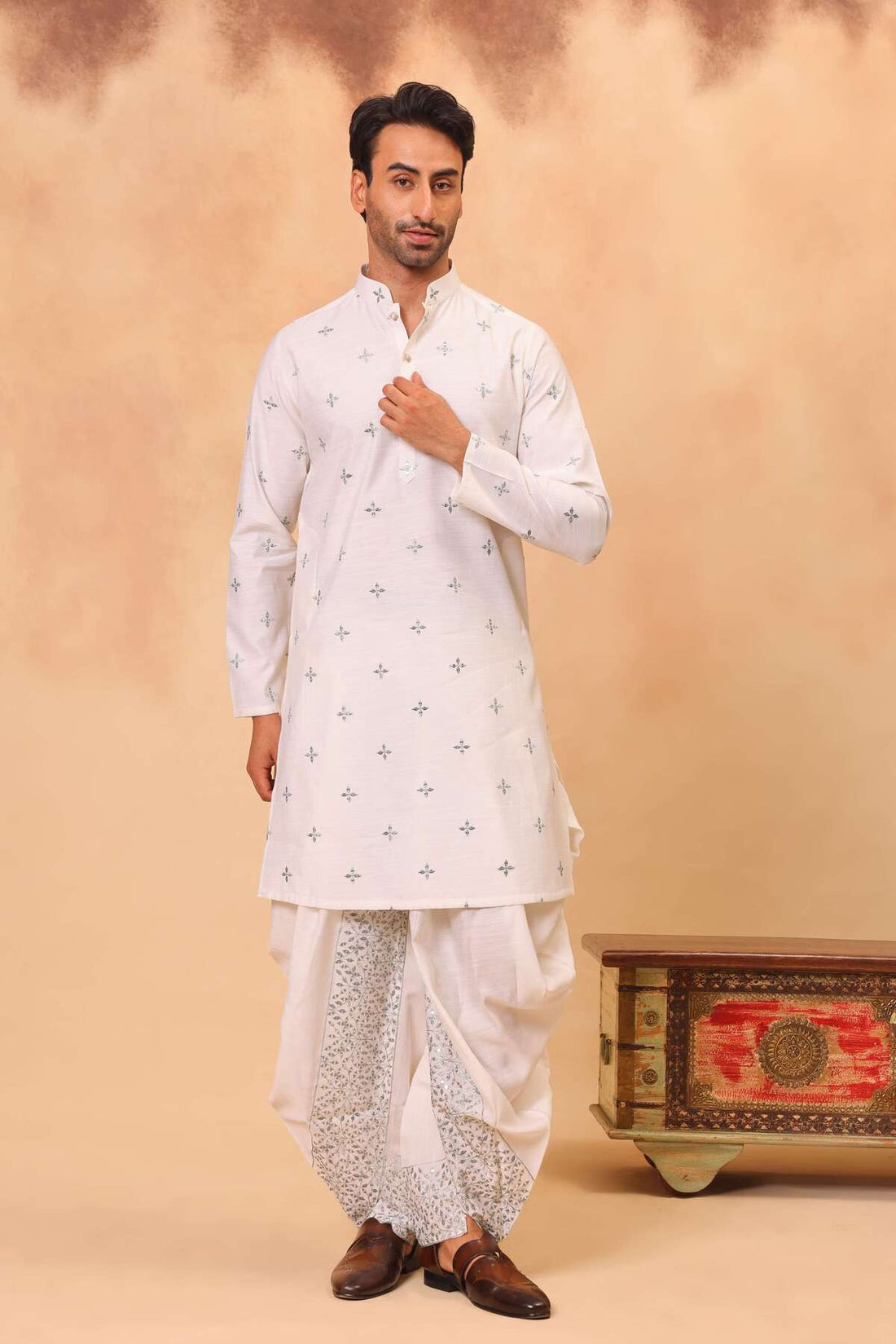 Pista Green Embroidered Kurta Set for Men with Dhoti