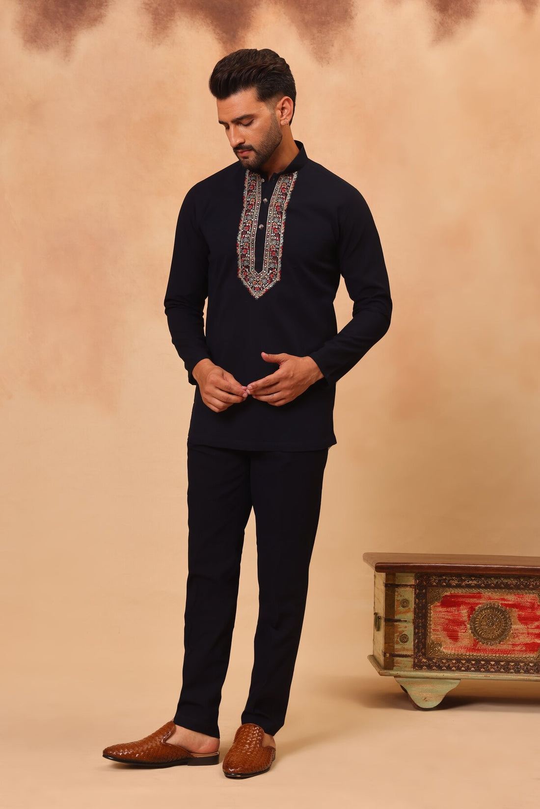Navy Blue Embroidered Front Open Short Jacket Set with Kurta