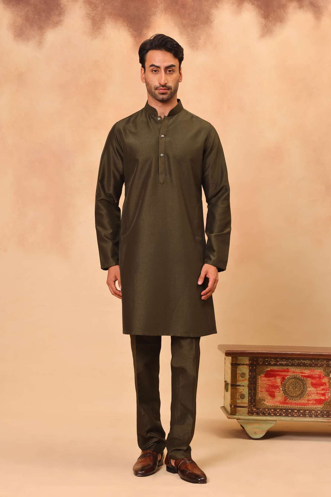 Mehandi Green Silk Embroidered Koti Kurta Set for Men