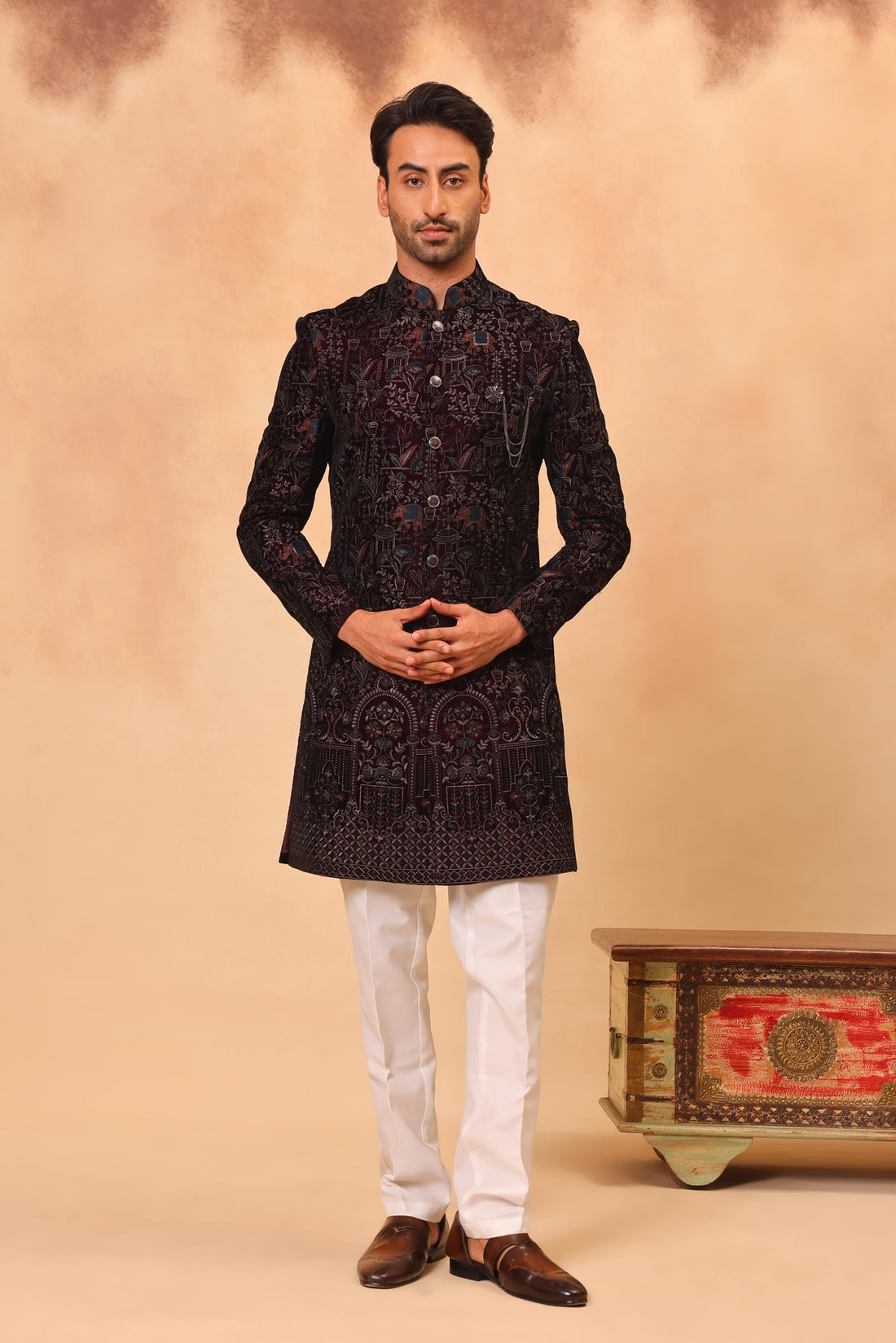 Wine Velvet Embroidered Sherwani Set with Dupatta