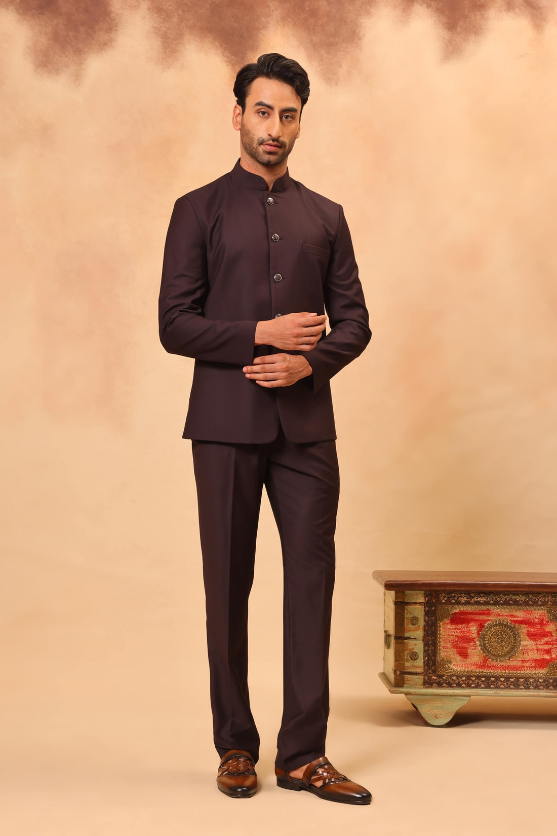 Wine Embroidered Safari Set with Nehru Jacket