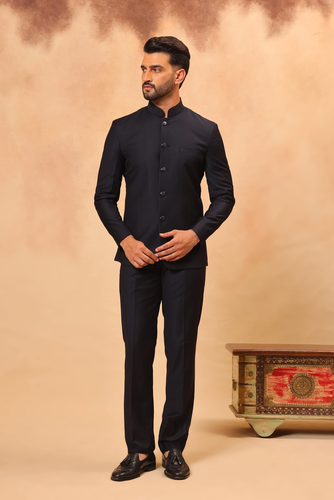 Navy Blue Embroidered Safari Set with Nehru Jacket