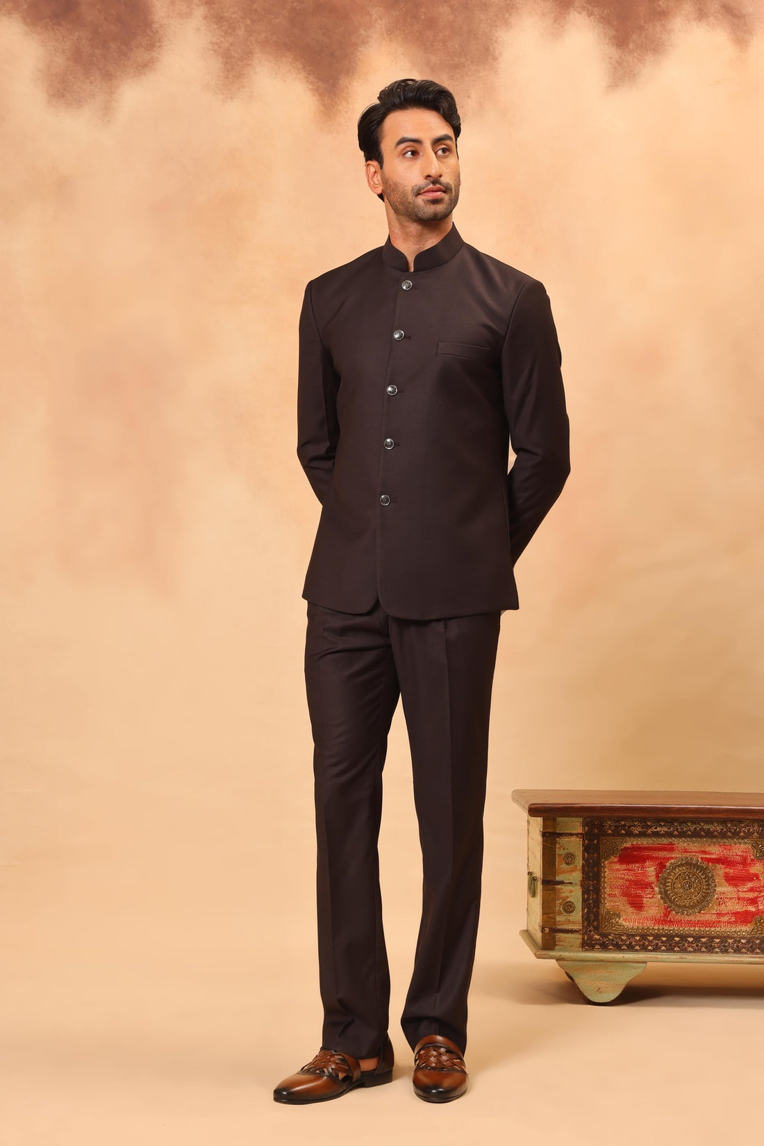 Wine Embroidered Safari Set with Nehru Jacket
