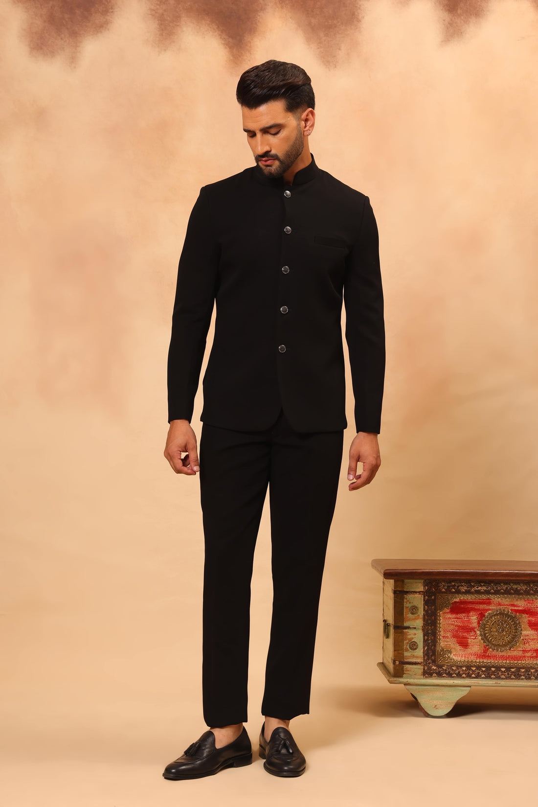 Black Embroidered Safari Set with Nehru Jacket