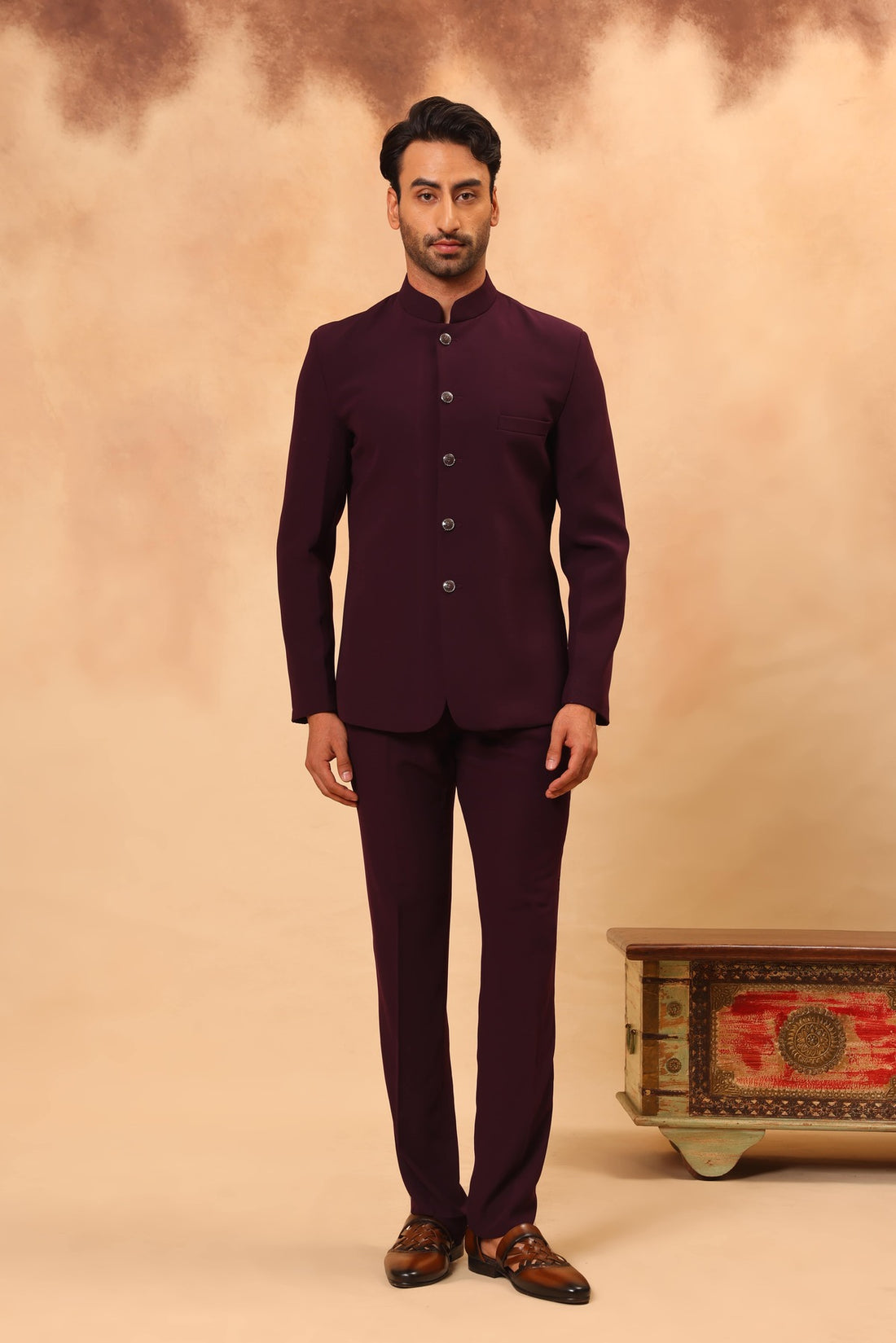 Wine Embroidered Safari Set with Nehru Jacket