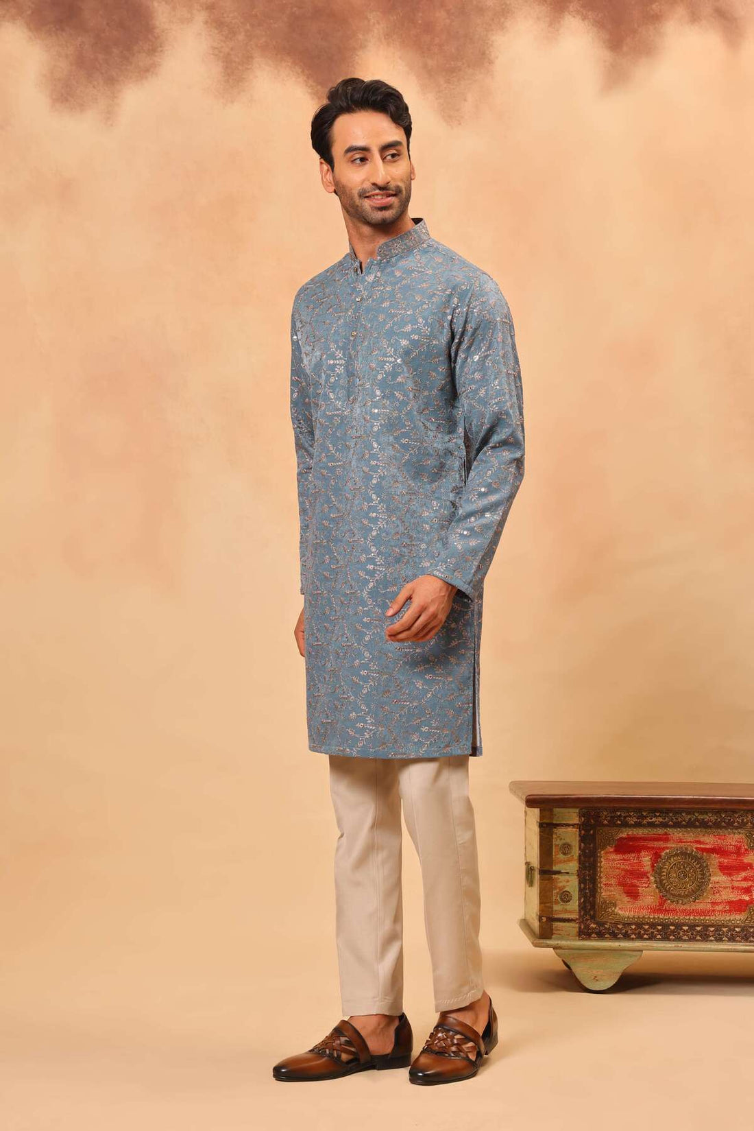 Powder Blue Satin Silk Embroidered Koti Kurta Set for Men